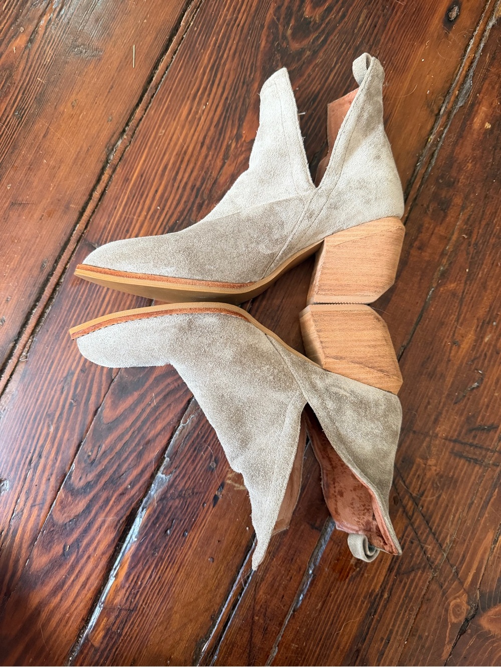 Jeffrey Campbell Light Taupe Suede Ankle Booties with Stacked Wood Heel